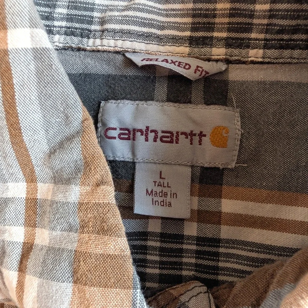 Carhartt Mens Relaxed Fit Plaid Short Sleeve Button Down Shirt Grey Brown L Tall